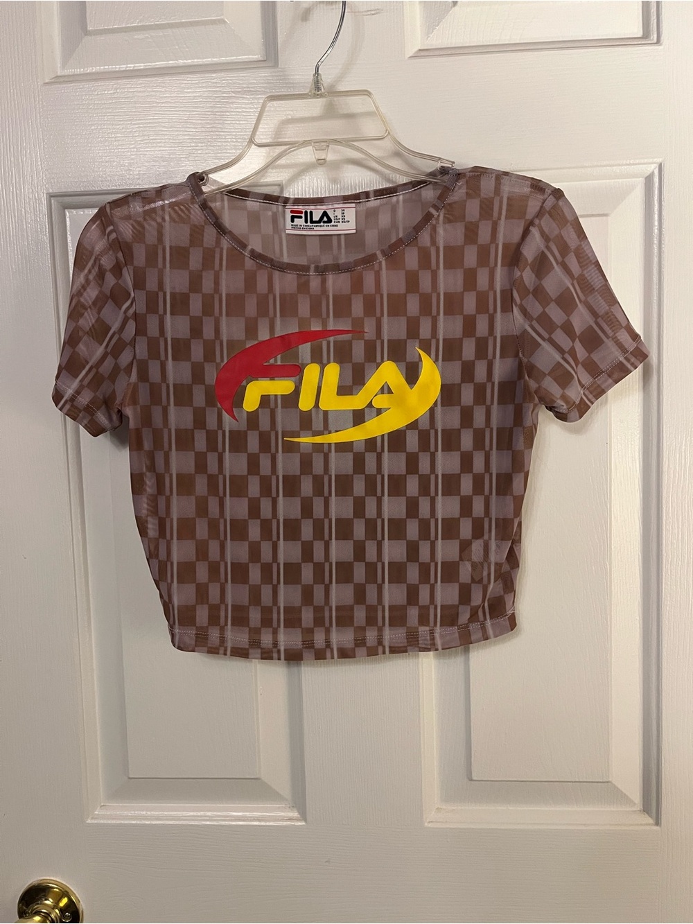 Fila Check Print Semi Sheer Crop Top Short Sleeve Women Top Shirt Size XS